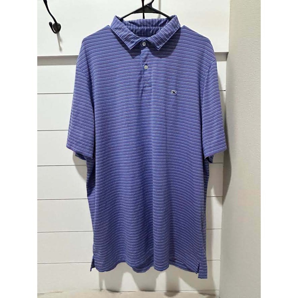 Vineyard Vines Mens Blue Striped Short Sleeve Whale Polo Shirt Golf Preppy
